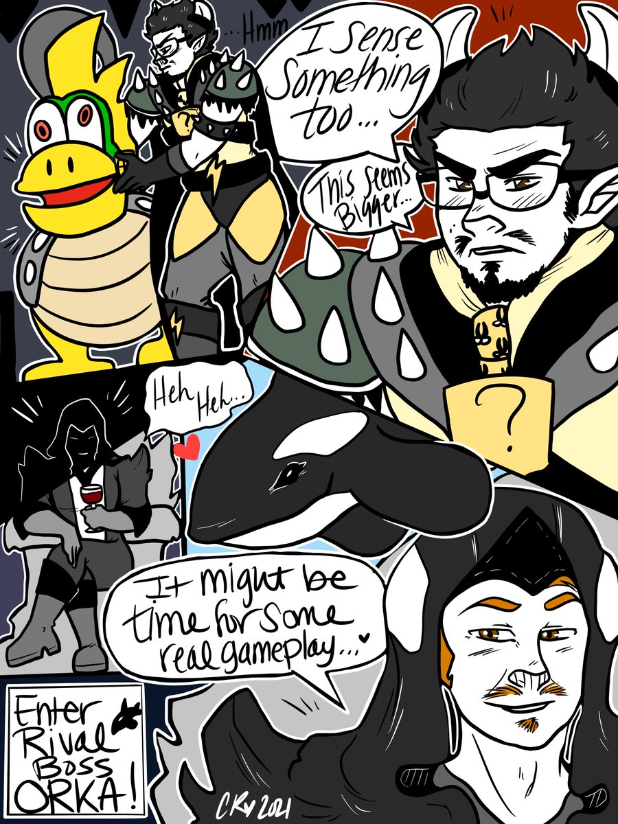 Danarky Page #14
While Danondorf is out having a party with his "Feesh Bazooka" Kaizo King Spark is tinkering with his MechaBoopa back at the Castle. With a sudden wave of uneasiness he begins to sense something else may be headed their way.
Enter: Rival Boss ORKA! 🐋
#pmw #comic