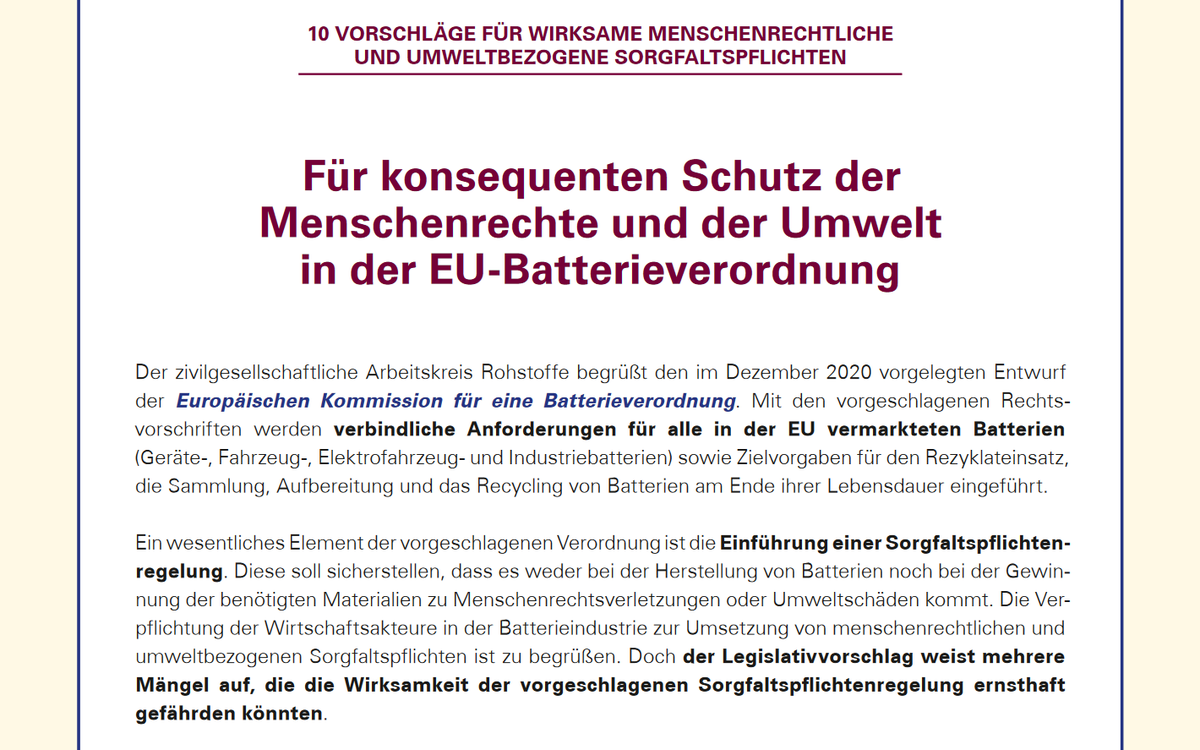 Die 🇪🇺 #EUBatterienverordnung 🔋 sieht umwelt- und menschenrechtliche #Sorgfaltspflichten vor. Das ist gut. Damit sie vor Ort Wirkung entfalten können, schlagen wir gemeinsam mit weiteren Organisationen folgende 🔟Punkte vor ➡️germanwatch.org/de/20973
