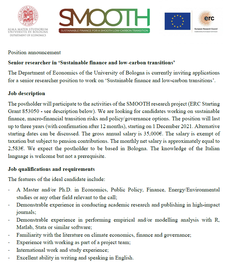 Pls share: Research position on 'Sustainable finance and low-carbon transitions' open <a href="/Unibo/">Università di Bologna</a>. Info and applications here: bandi.unibo.it/ricerca/assegn… Deadline 31 October 🎃 #EconTwitter #EconJobMarket