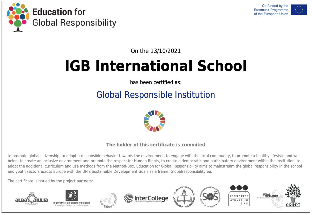 IGBintschool's tweet photo. IGBIS has been recognised as a Globally Responsible Institution by Education for Global Responsibility, a United Nations &amp; European Union recognised not-for-profit organisation working with schools that take action towards the Sustainable Development Goals. https://t.co/QHsN2lo7K8