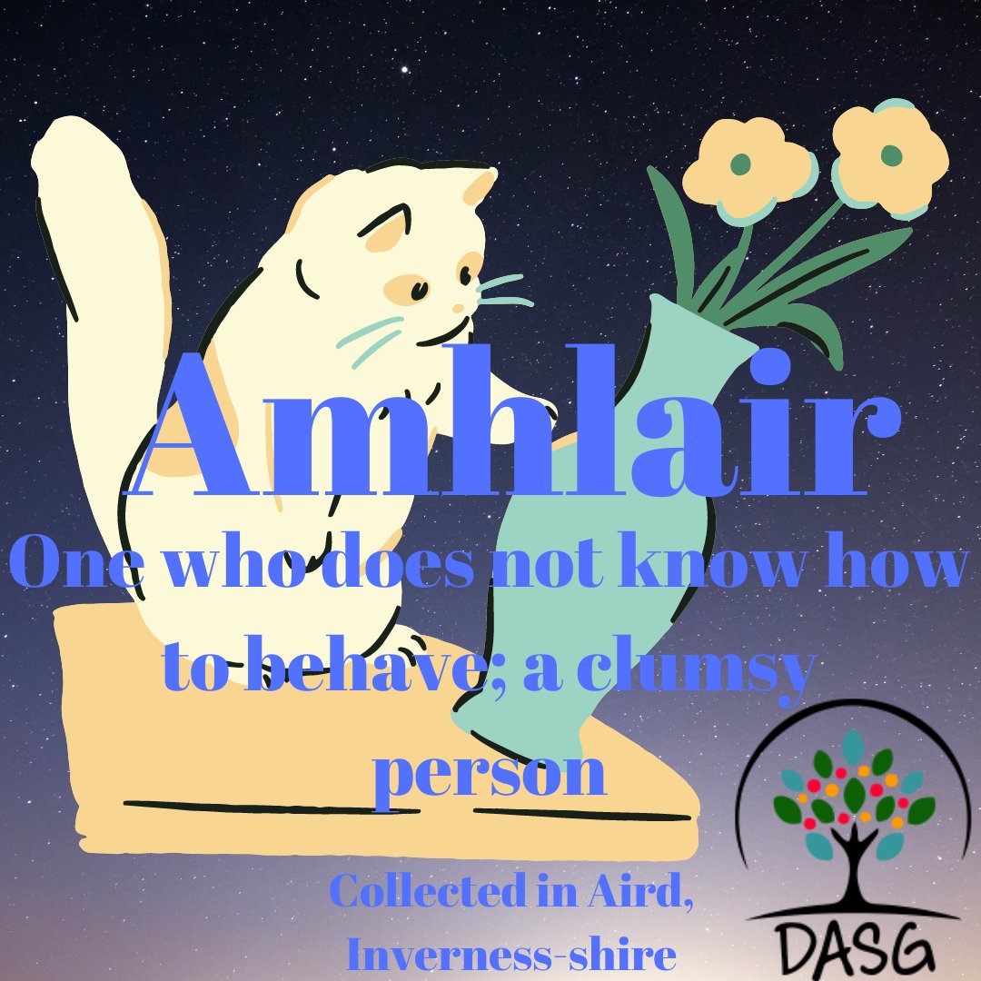 DASG_Glaschu's tweet photo. https://t.co/Av9g8KtsQw
💩
AMHLAIR - ONE WHO DOES NOT KNOW HOW TO BEHAVE; A CLUMSY PERSON
🤡
#amhlair #amadan #cearbach #clampach #idiot #fool #clumsy
😂
#ÀirdMhicShimidh #Aird #SiorrachdInbhirNis #Inverness
#Gàidhlig #Gaelic https://t.co/jRece82fpM