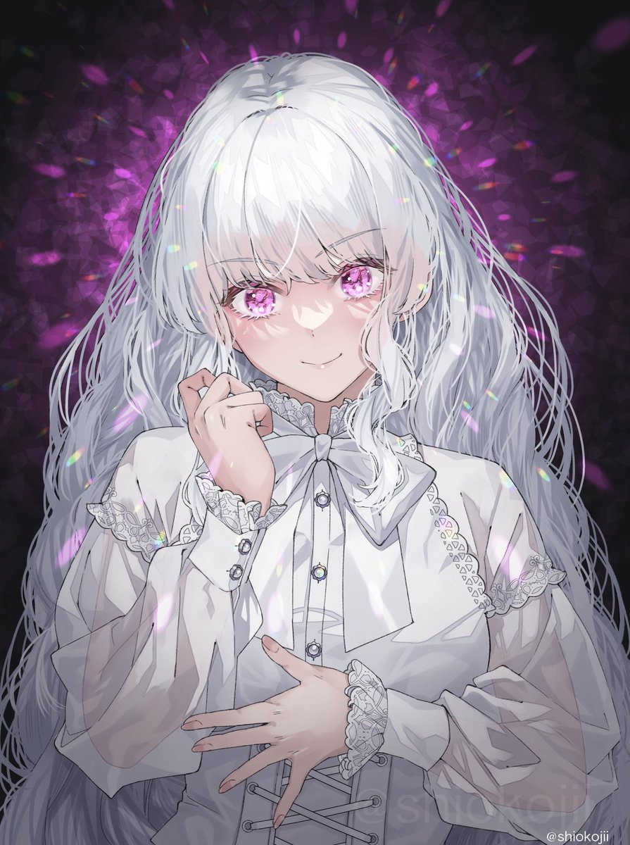 1girl solo long hair white hair smile looking at viewer long sleeves  illustration images