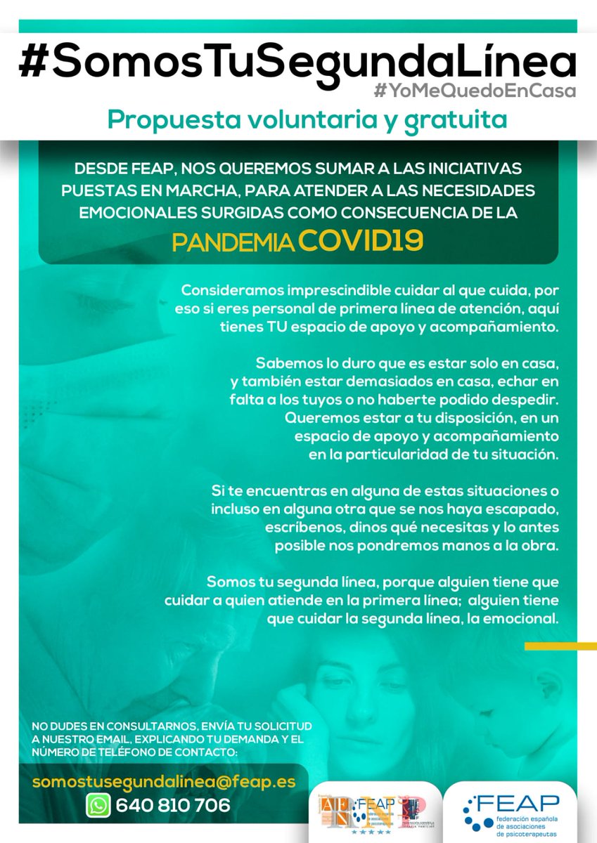 FEAPsicoterapia's tweet photo. #SomosTuSegundaLinea. Frente al #Covid-19, #LuchamosJuntos. Si necesitas apoyo emocional y psicológico para atravesar estos momentos, #NoTeLoCalles. Contáctanos a través de somostusegundalinea@feap.es o Whatsapp en el 640810706
Más información: https://t.co/L8dEndTd4b