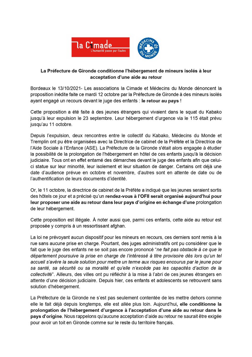 lacimade's tweet photo. [ALERTE] La @PrefAquitaine33 conditionne l’hébergement de mineurs isolés à leur acceptation d’une aide au retour https://t.co/ArnS1zBkCK https://t.co/Cajcoeq8ck