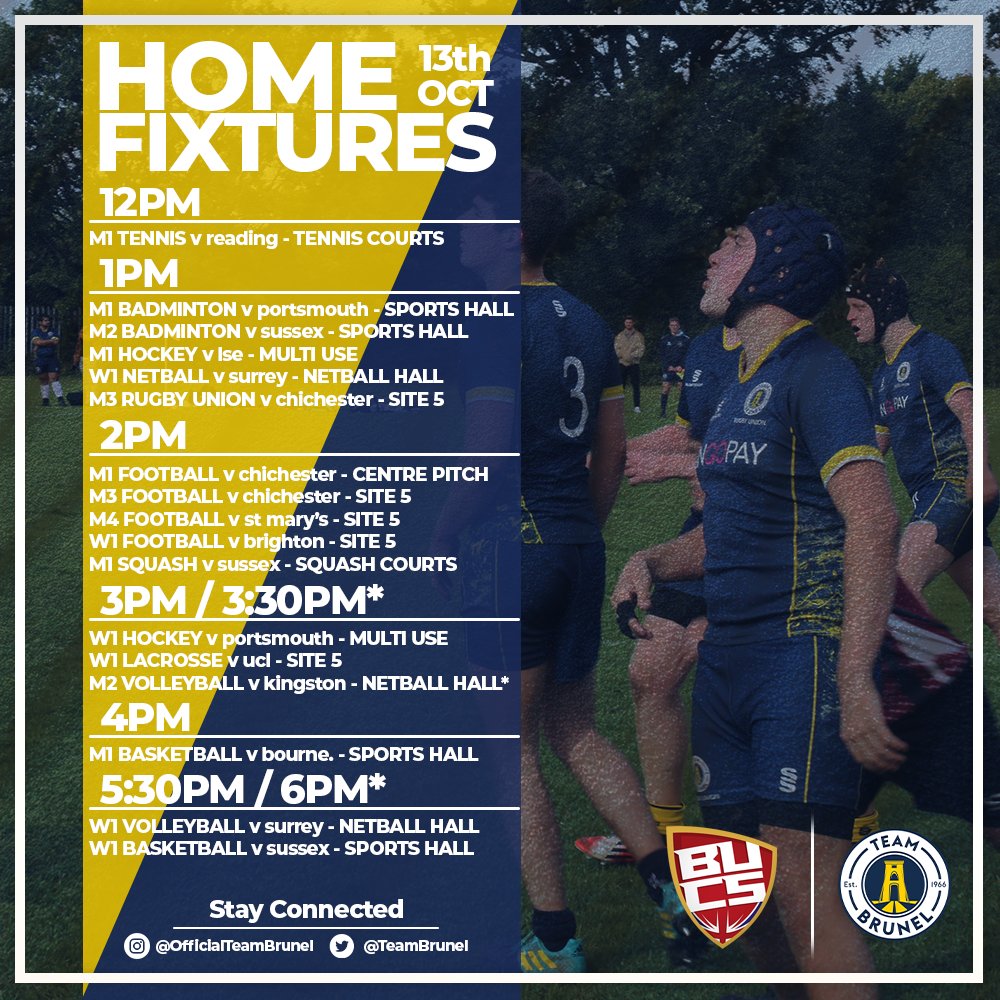 TeamBrunel (@teambrunel) on Twitter photo BUCS WEDNESDAY π₯
Packed day on Campus!
Get out there and support Team Brunel ππ
#Brunel #BruWHAT #BUCS
<a href="/BrunelSport/">Brunel Sport</a> <a href="/brunelstudents/">Union of Brunel Students</a> <a href="/Bruneluni/">Brunel University of London</a> <a href="/BUCSsport/">BUCS</a> BUCS WEDNESDAY π₯
Packed day on Campus!
Get out there and support Team Brunel ππ
#Brunel #BruWHAT #BUCS
<a href="/BrunelSport/">Brunel Sport</a> <a href="/brunelstudents/">Union of Brunel Students</a> <a href="/Bruneluni/">Brunel University of London</a> <a href="/BUCSsport/">BUCS</a>