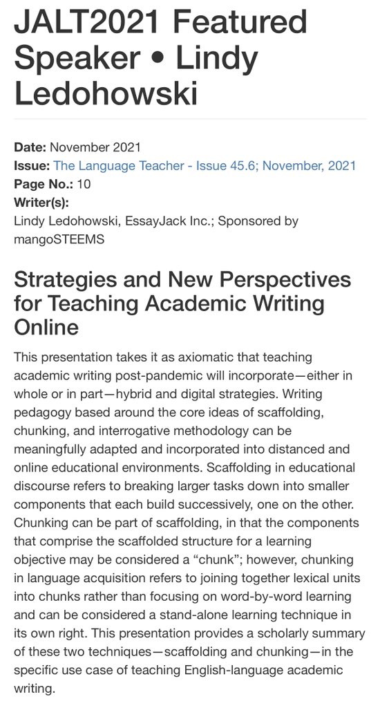 A month away from #JALT2021 where our <a href="/DoctorLindy/">Lindy Ledohowski, PhD👩🏻‍💻📚🇨🇦🇺🇦</a> will be a featured speaker presenting some of the research behind the pedagogy built into our platform.

To learn more about the conference, see the program: jalt.org/conference

#EAP #English
