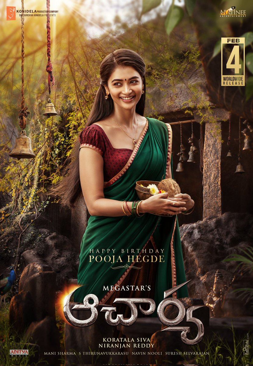 MatineeEnt's tweet photo. Wishing our elegant #Neelambari aka @hegdepooja a very Happy Birthday ♥

#AcharyaOnFeb4th
#Acharya 

Megastar @KChiruTweets @AlwaysRamCharan #SivaKoratala @MsKajalAggarwal #ManiSharma @DOP_Tirru @sureshsrajan @NavinNooli #NiranjanReddy @KonidelaPro @adityamusic https://t.co/IAvd0cGLEd