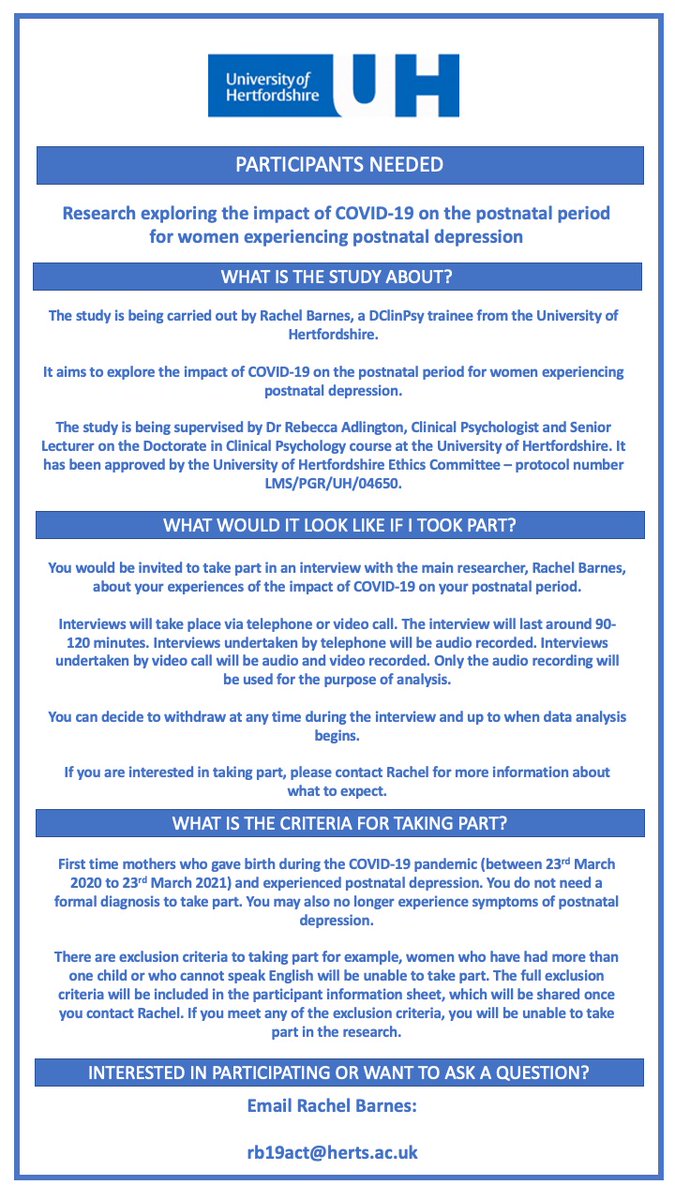 ***RESEARCH into the impact of COVID-19 on the postnatal period for women experiencing PND***

Researchers from <a href="/UniofHerts/">University of Hertfordshire</a> are looking for 1st-time mums who gave birth Mar 2020-21 and experienced PND to share their experiences.

Contact rb19act@herts.ac.uk for more information.