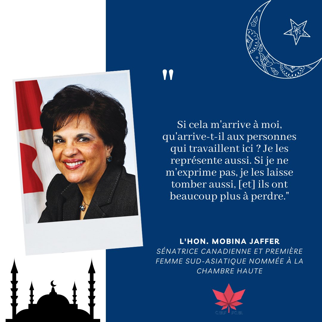 CRRF's tweet photo. ☪️Jour 13 : L'Hon. @SenJaffer est la 1ère sénatrice musulmane, la 1ère sénatrice africaine & la 1ère sénatrice sud-asiatique du Canada.
💡Sénatrice Jaffer compte le bilinguisme, les droits de la personne et la diversité parmi les nombreux enjeux qu'elle défend.
#femmesmusulmanes https://t.co/54LeRCgvpC