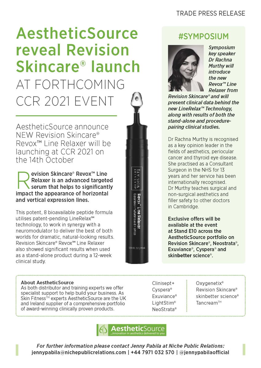SUPPLIER NEWS: <a href="/AestheticSource/">AestheticSource</a>  reveal Revision Skincare® launch at forthcoming CCR 2021 event

AestheticSource will announce their NEW Revision Skincare® RevoxTM Line Relaxer will be launching at CCR 2021 on the 14th October.