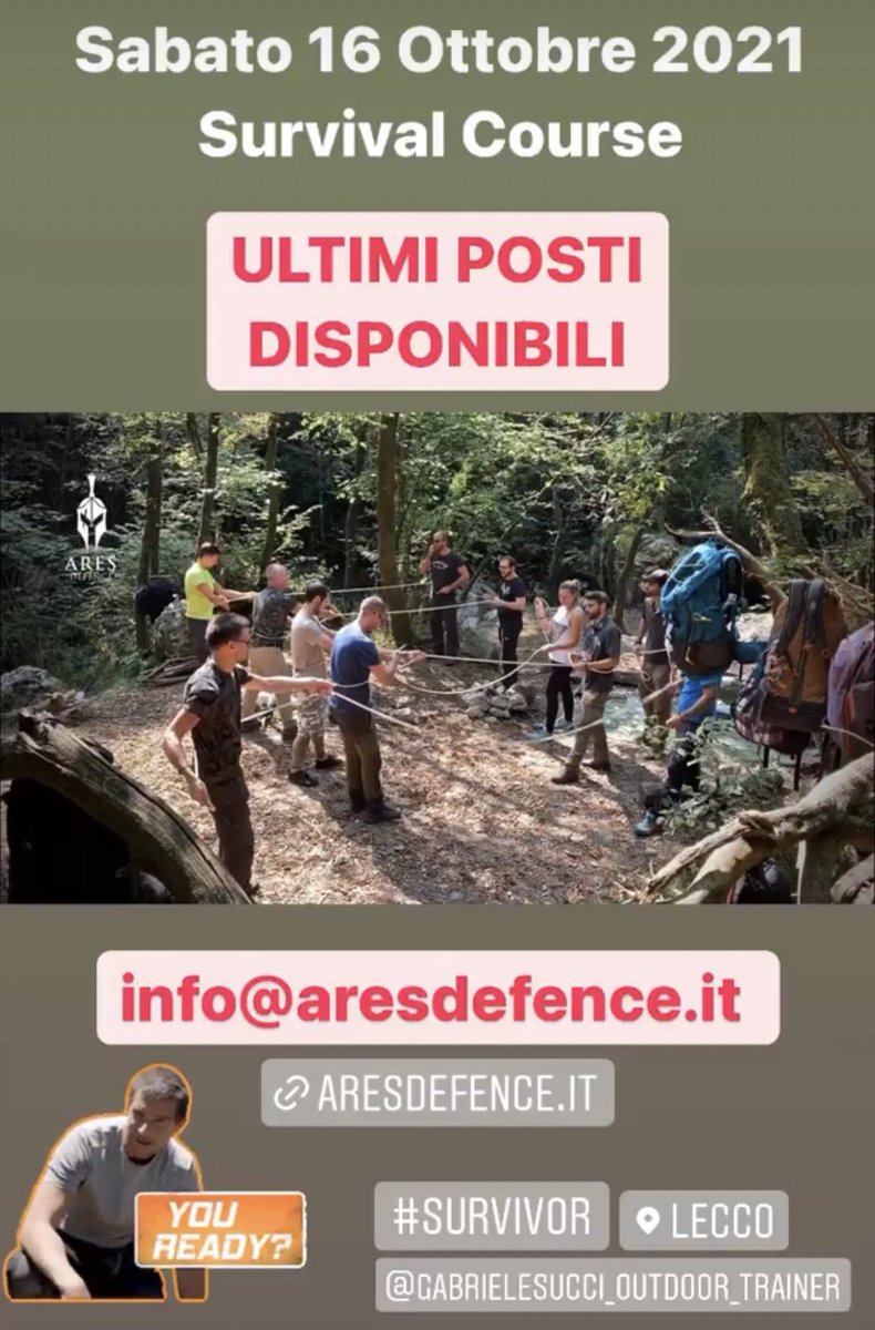 ARESdefence's tweet photo. Ultimissimi posti disponibili per il corso #Survival di questo #weekend! 🎁Regalati o regala un’esperienza incredibile immersa nella #natura!
Per info e iscrizioni:
info@aresdefence.it https://t.co/XtKHOmQfpn https://t.co/pnCoHgaKUT