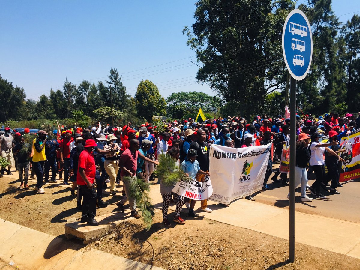 EFFSwazi's tweet photo. We are already gathered at Steki Town to deliver a petition to the police demanding justice for Kunene who was shot and killed by the police. 
#EswatiniProtests https://t.co/kBXYGMPMJG