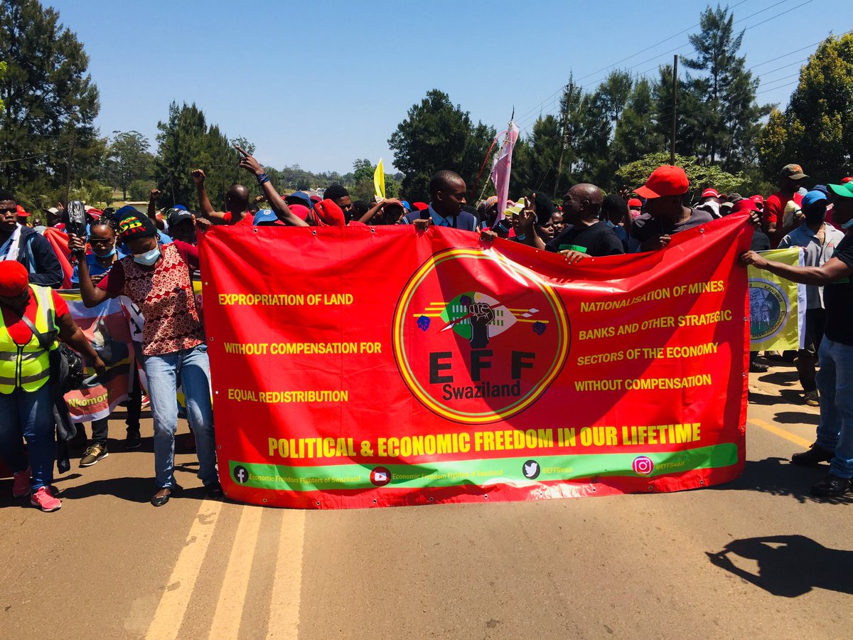 EFFSwazi's tweet photo. We are already gathered at Steki Town to deliver a petition to the police demanding justice for Kunene who was shot and killed by the police. 
#EswatiniProtests https://t.co/kBXYGMPMJG