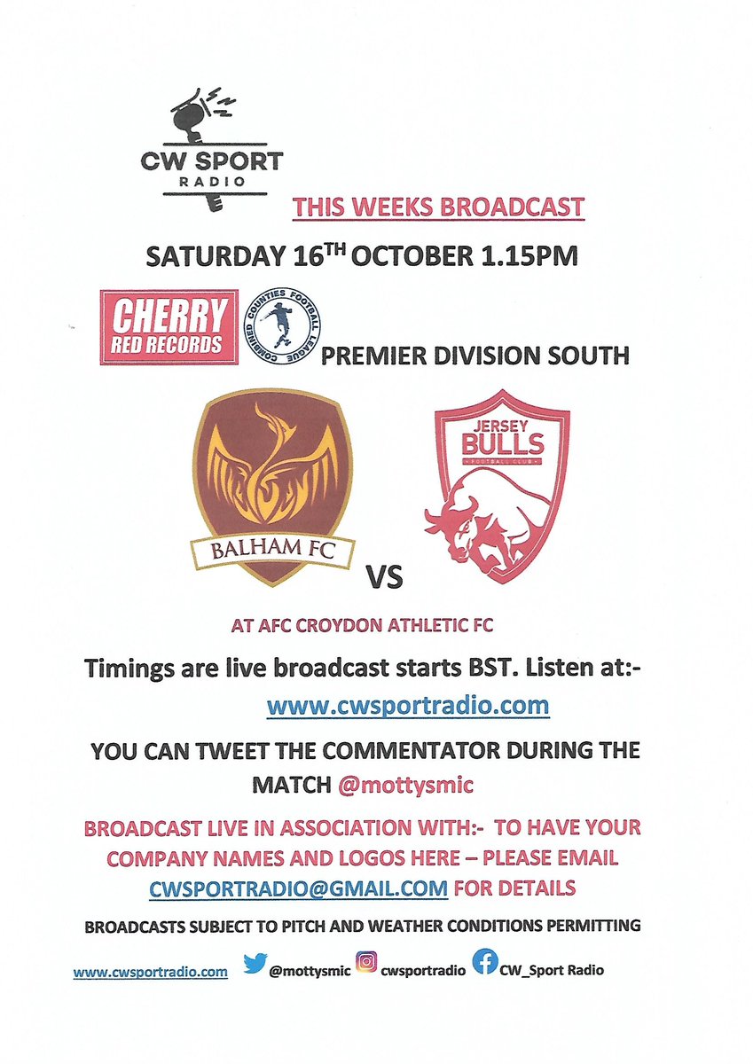 PLS RT hope to see a good crowd and atmos Sat at 
<a href="/balhamfc/">Balham FC</a> vs <a href="/JerseyBullsFC/">JerseyBullsFC</a> in <a href="/CherryRedGroup/">Cherry Red Records</a>
<a href="/ComCoFL/">Combined Counties Football League</a>  IYCMI you can listen from 1.15pm (ko 1,30pm) <a href="/JerseyFA/">Jersey Football Association 🇯🇪</a> <a href="/BBCJersey/">BBC Jersey</a> <a href="/BBCJerseySport/">BBC Jersey Sport</a>
<a href="/SportcastJersey/">Sportscast Jersey</a> <a href="/Channel103/">Channel 103</a> <a href="/islandfm/">Island FM</a>
<a href="/ITVChannelSport/">ITV Channel Sport</a> <a href="/tonycvrr/">Tony Curr</a> <a href="/JEPnews/">jepnews</a>
<a href="/jerseybullsru/">Russian Jersey Bulls</a>