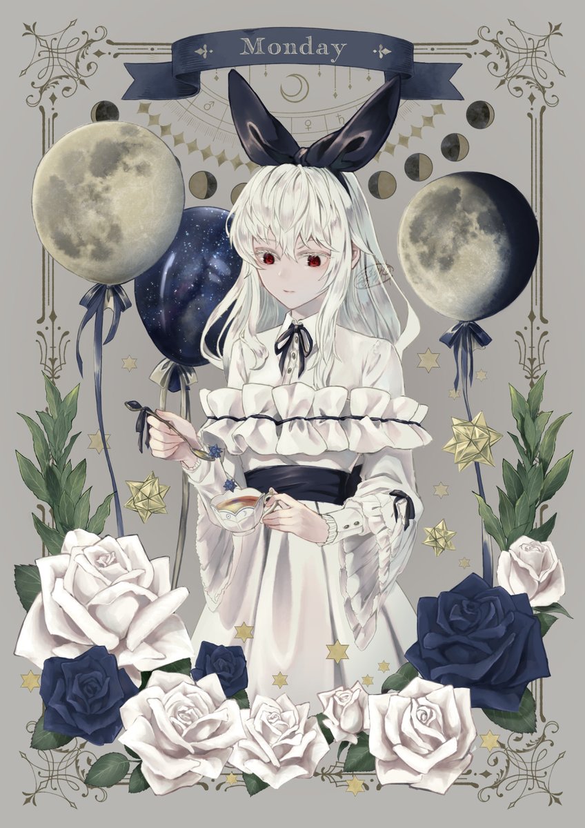 1girl flower red eyes solo white rose cup rose  illustration images