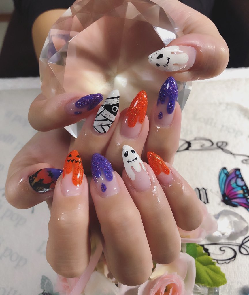 Namihey ジェルネイル Lollipopnail 自爪を削らない パラジェル 自宅サロン ネイル21 ネイルデザイン21 トレンドネイル ジェルネイル21 ニュアンスネイル オバケネイル ハロウィンネイル ラメネイル かぼちゃネイル 手描き ちゅ