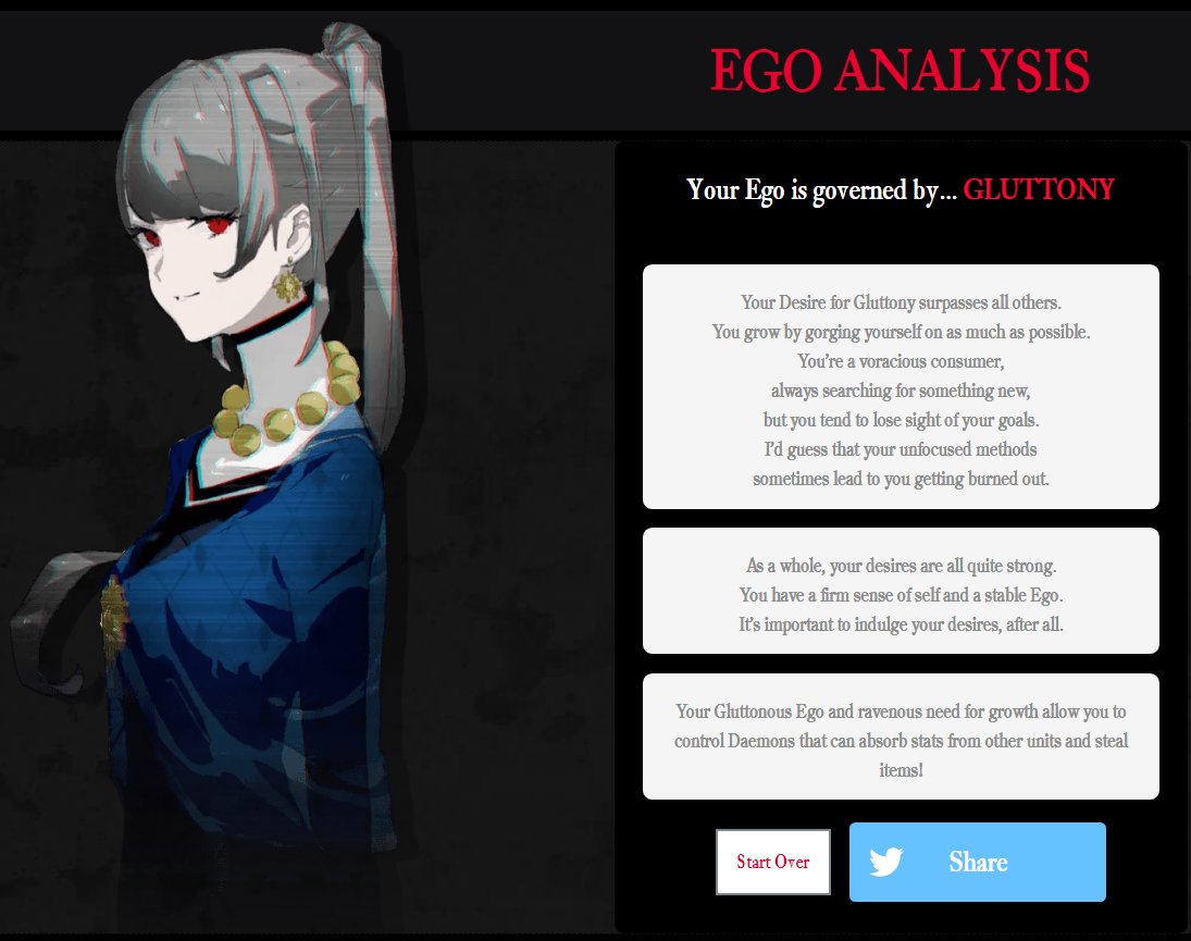 AgencyKuroe's tweet photo. Your prevailing sin is gluttony, and the intensity of your desires is strong overall.
#MONARK、#egoanalysis、 https://t.co/Dz3NQIrXId https://t.co/rZNkPuDJiH