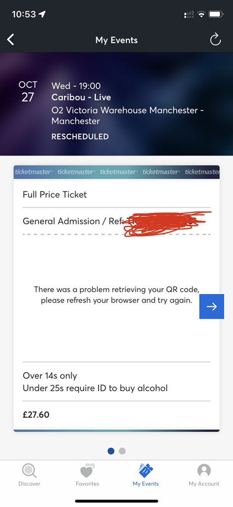 cabeloe's tweet photo. @WHP_Mcr @Ticketmaster @caribouband @O2VicWarehouse @MayfieldDepot Thank you. Can you let me know when it’s fixed please? My @Ticketmaster app is saying there’s a problem with the QR codes, which I assume is related to this issue? https://t.co/aDaRDrXhOr