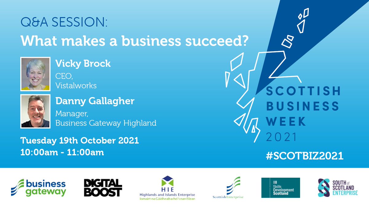 What's the key to starting up &amp; running a successful business? 🔑

Join our #SCOTBIZ2021 Q&amp;A session on Tues 19th Oct at 10am for invaluable advice from the inspirational <a href="/brockvicky/">Vicky Brock</a>, CEO of <a href="/vistalworks/">vistalworks</a>, &amp; insight into her own experiences.  

Book now! ➡️ ow.ly/srDr50Gqxz6