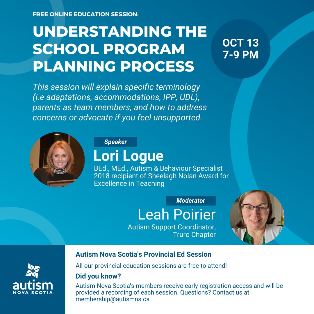 Join us tonight for our first Provincial Education Session of the year! 

Topic: Understanding the School Program Planning Process
Registration Link: autismns-ca.zoom.us/webinar/regist… 

Deadline to sign up is at noon today.

Questions? Reach out to us at membership@autismns.ca
