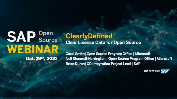 📆 Reminder: Don't forget to sign up for our next #SAPOpenSource webinar 'ClearlyDefined: Clear License Data for Open Source' together with @Microsoft on Tuesday, October 19th, at 5 p.m. CEST. @fossygrl @nellshamrell #opensource

➡️ Register here: sap.to/6014JDELr.