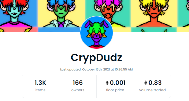 CrypDudz's tweet photo. Opensea finally updated our collection stats and I have to say, that's not bad for just a week since release. So humbled by all the praise and support for our project since release, it's been a fun ride so far. #CrypDudz #nftcollector #NFTs #NFTpolygon #NFTdrops https://t.co/nWJe2AQo6Y