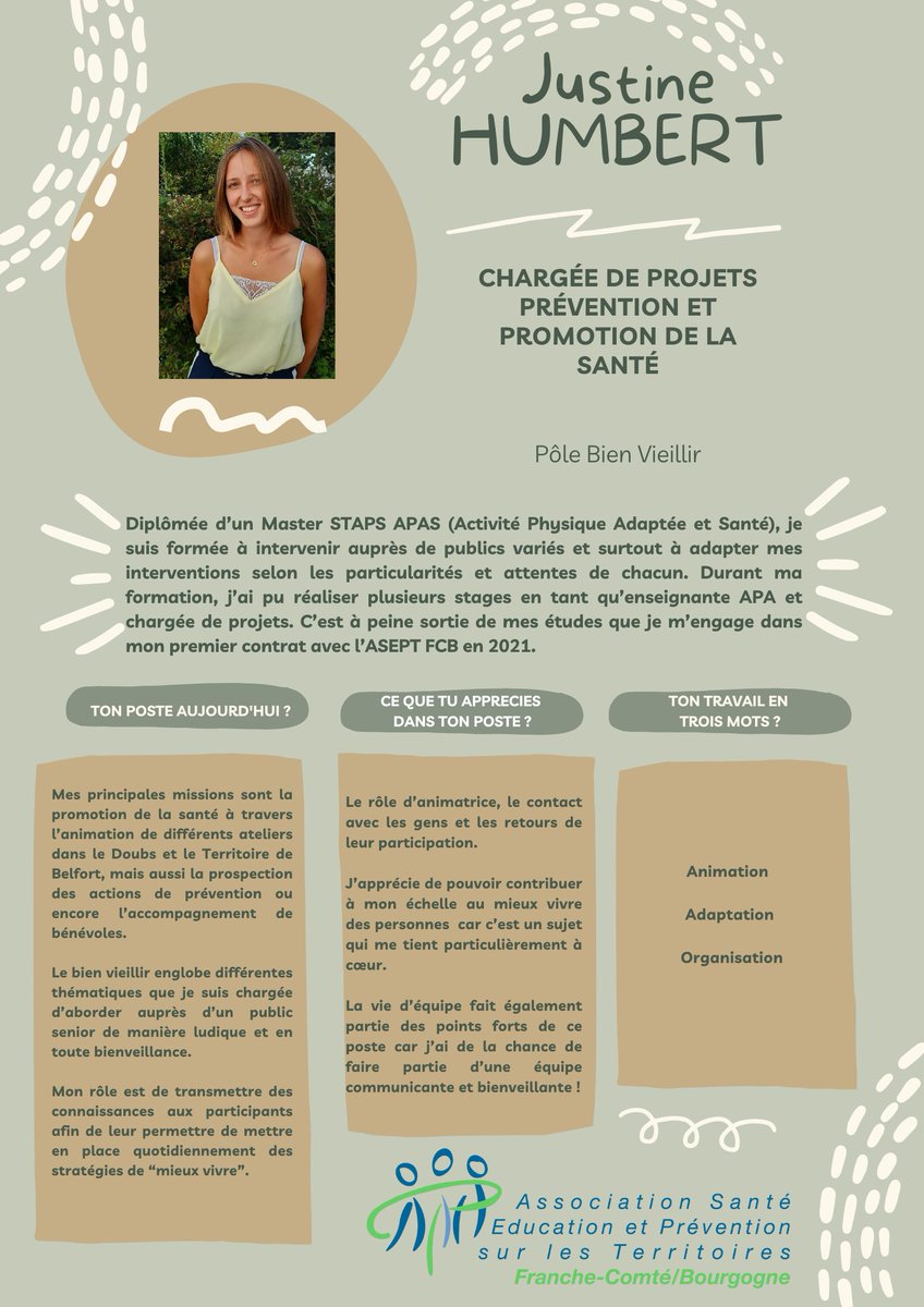 AseptFCB's tweet photo. Un jour, une salariée !

Elle a rejoint notre équipe Bien Vieillir depuis le 13 septembre en tant que chargée de projets prévention sur le @Doubscd25  et le @Departement_90.

Découvrez aujourd'hui @Justine1bert, nouvelle arrivée dans la #TeamAsept https://t.co/D00M6Fsksg