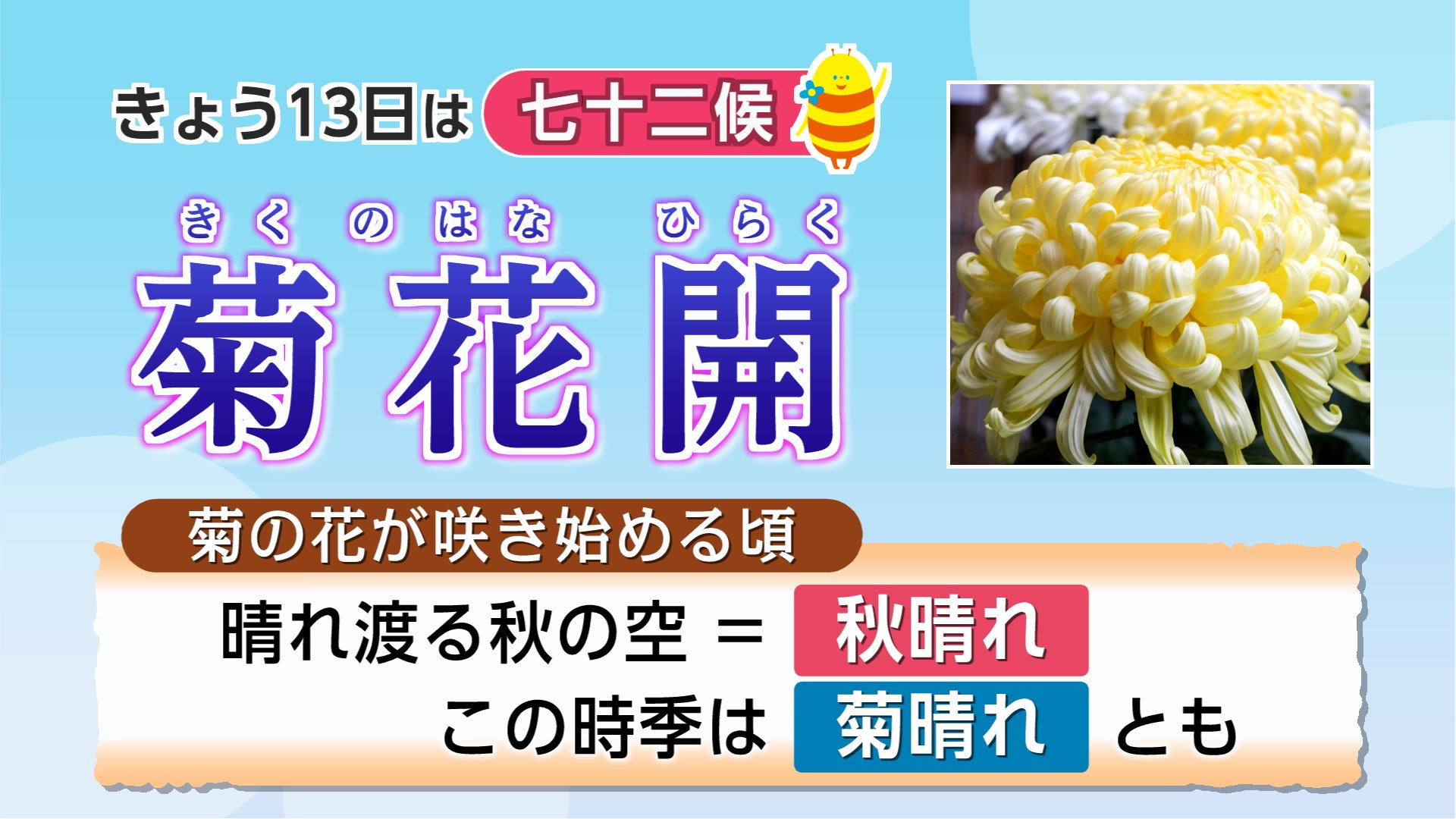 Twitter এ 高橋亜弓 気象予報士 きょう10 13 水 は七十二候の 菊花開 きくのはなひらく 菊の花が咲き始める頃です この時季の秋晴れは 菊晴れ 菊日和 とも 言ったりします T Co Qbckvfvkbi ট ইট র