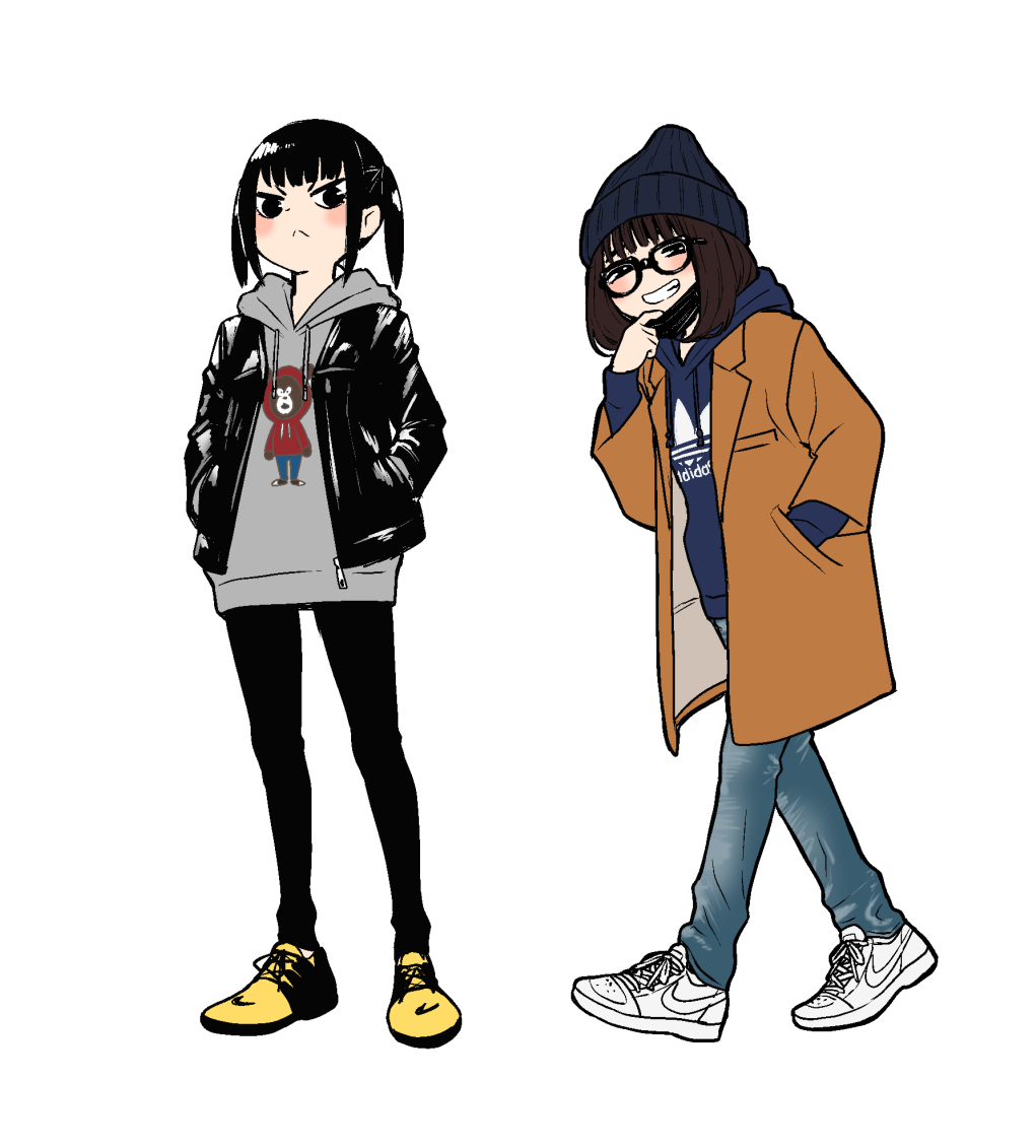 multiple girls 2girls hood hoodie pants beanie shoes  illustration images