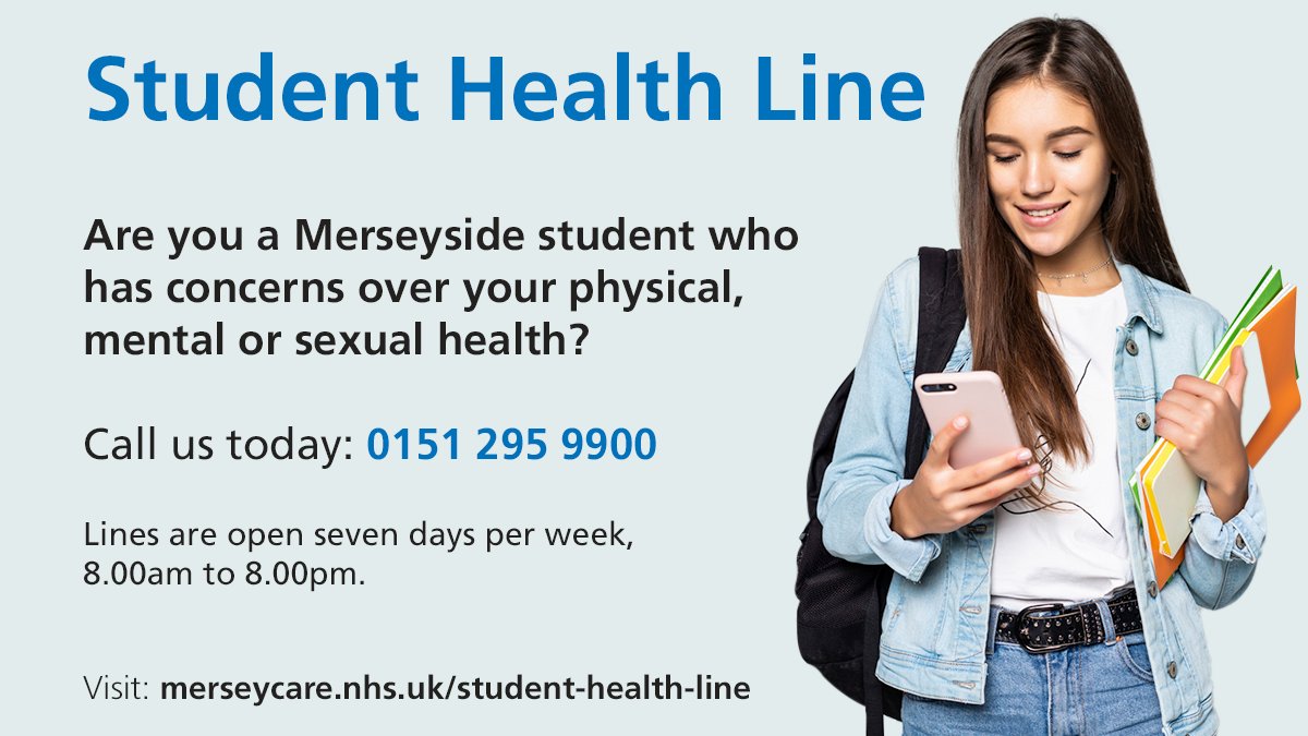 Mersey Care NHS FT 🏳️🌈 (@mersey_care) on Twitter photo Student Health Line 📱
Our new Student Health Line gives access to students studying in #Merseyside who have #physicalhealth, #sexualhealth and #mentalhealth concerns that requires same day urgent care.
Find out more ➡ bit.ly/MCstudentline
<a href="/LJMU/">Liverpool John Moores University</a> <a href="/LivUni/">University of Liverpool</a> RT Student Health Line 📱
Our new Student Health Line gives access to students studying in #Merseyside who have #physicalhealth, #sexualhealth and #mentalhealth concerns that requires same day urgent care.
Find out more ➡ bit.ly/MCstudentline
<a href="/LJMU/">Liverpool John Moores University</a> <a href="/LivUni/">University of Liverpool</a> RT