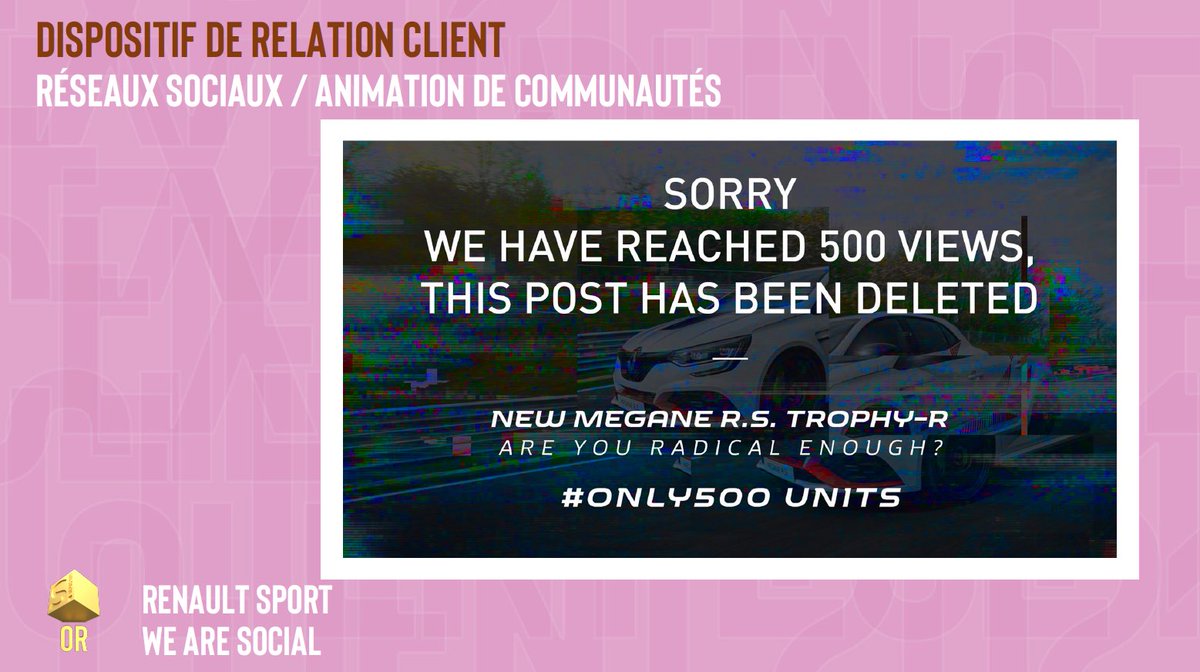 Strategies's tweet photo. GP Stratégies de l’Expérience Client 2021 – Dispositif de relation client / Réseaux sociaux - Animation de communautés : un OR EX AEQUO pour @RenaultSport @RenaultSportFR et @wearesocialfr pour « Megane R.S Trophy R #Only500 ». Félicitation à eux !
#gpstrat #ExperienceClient https://t.co/CO81AXTf1p