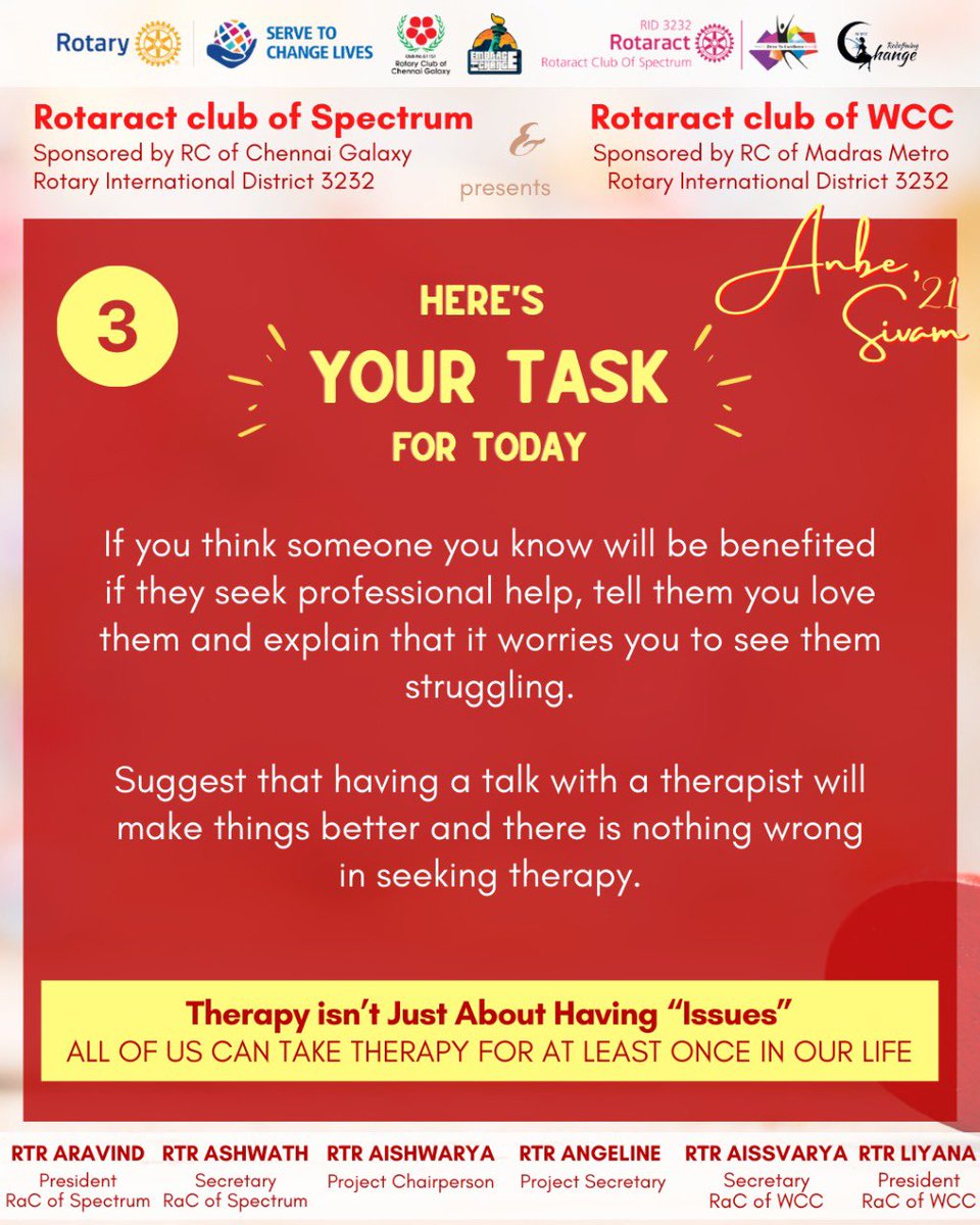 RAC_Spectrum's tweet photo. Therapy is an incredibly useful tool that helps with a range of issues, from anxiety to sleep to relationships to trauma. On Day 3 of Anbe Sivam, we emphasise when one should go to a therapist.

#anbesivam21
#worldmentalhealthday
#rotaractclubofspectrum
#rcwcc
#rotaract3232
#ri https://t.co/3FuqRv6tKe