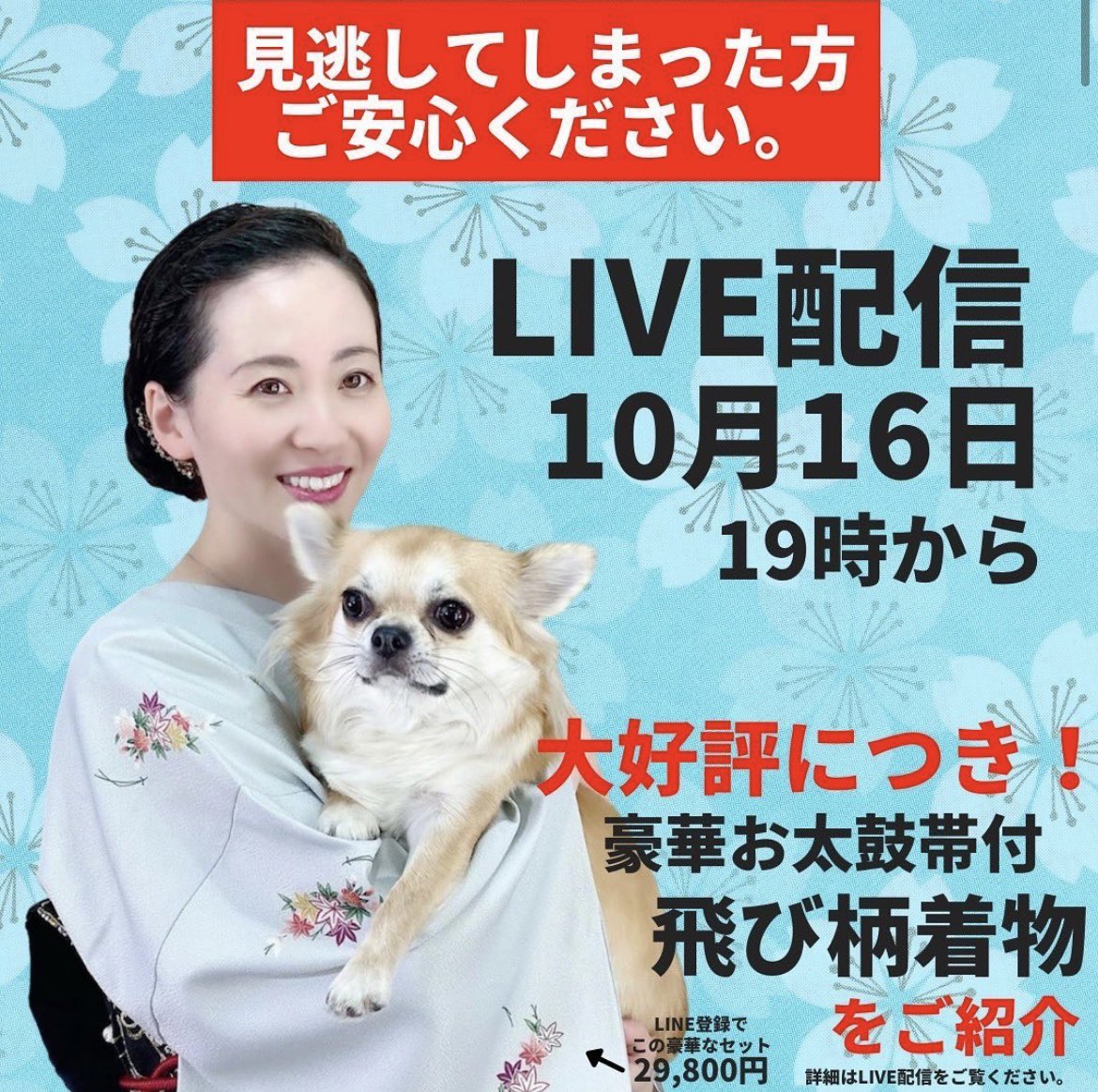 SitateyaJingoro's tweet photo. 【あと3日！】
第10回LIVE配信🎉

🌟10/16  19:00〜

前回の配信にて大好評だったお太鼓帯付きの飛び柄着物をご紹介いたします👘

今回も仕立屋甚五郎モデル犬が登場する…かも！？🐶

こちらのアカウントで配信します▼
https://t.co/soeNTSCHee https://t.co/QKuV3NSNGL