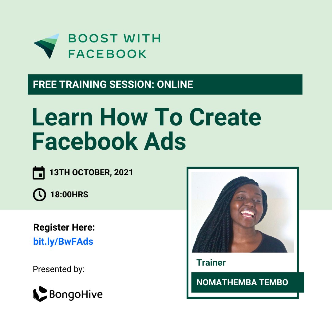 BongoHive's tweet photo. Would you like to create an ad on Facebook but don't know where to start? This virtual #BoostwithFacebookZM training session is a comprehensive guide to help get you started with creating Facebook Ads.
Register: https://t.co/8h1ez6R7P3
#BongoHiveBoostwithFacebook https://t.co/4KWZGIs7VA
