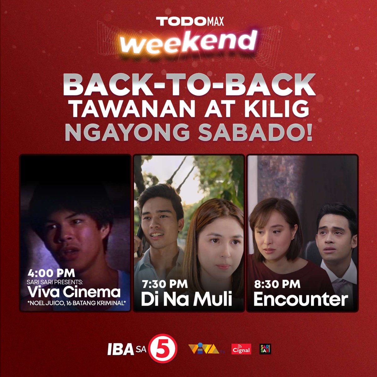 Viva_Ent's tweet photo. Gusto niyo ng back-to-back na tawanan at kilig? Manood ka na tuwing Sabado sa TodoMax Weekend block ng TV5! #TODOMAXWeekend https://t.co/OCnbof5dDG