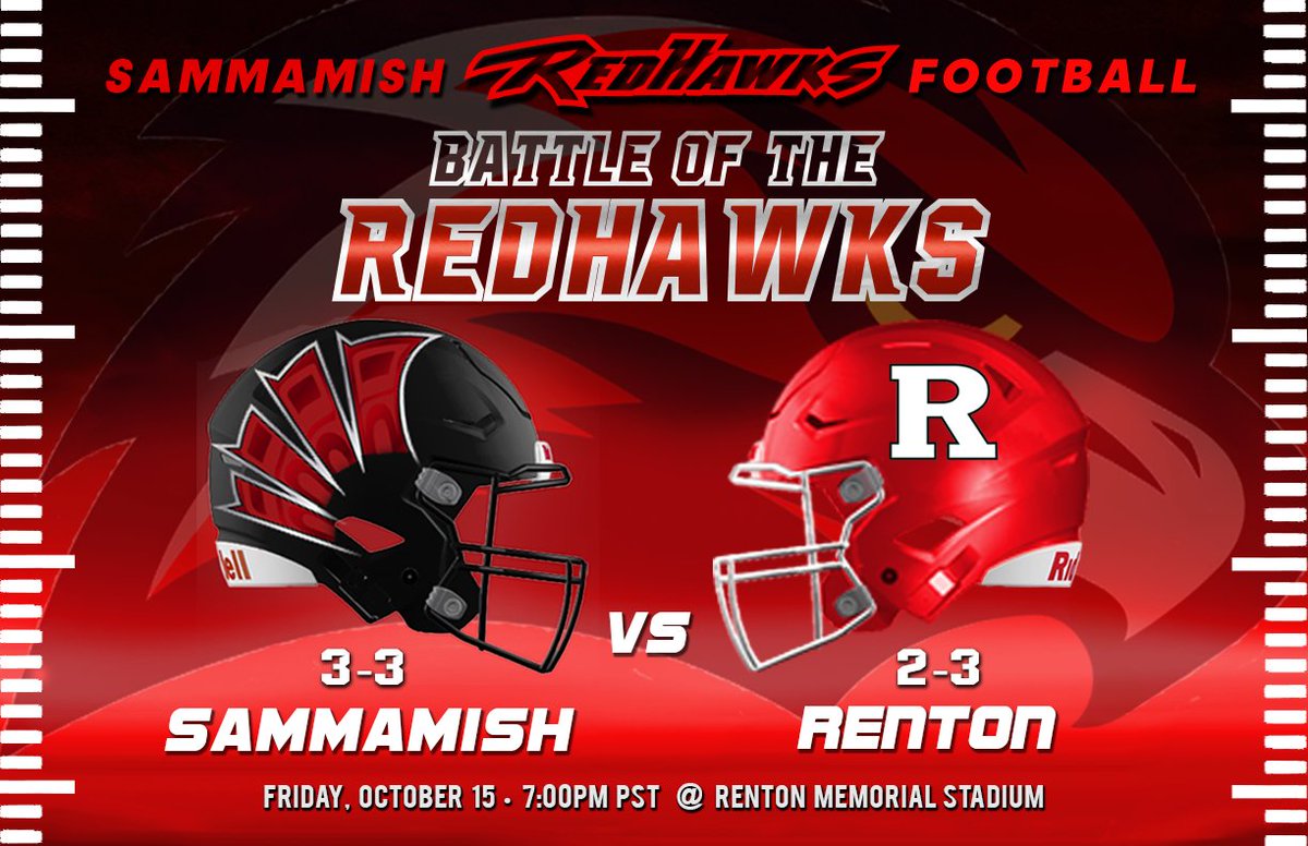 RedHawksFtbl's tweet photo. Week 7⃣: vs. @RentonFootball 
📅 Friday, Oct 15
🕖 7:00pm Kick-Off
🏟️ Renton Memorial
📍 405 Logan Ave. N, Renton 98057
🌧️ Scattered showers
🌡️ 51˚
#DefendTheNest #WingsUP #RedHawksFootball 🦅🏈🔴⚫️💯 https://t.co/WPvZi45Gok