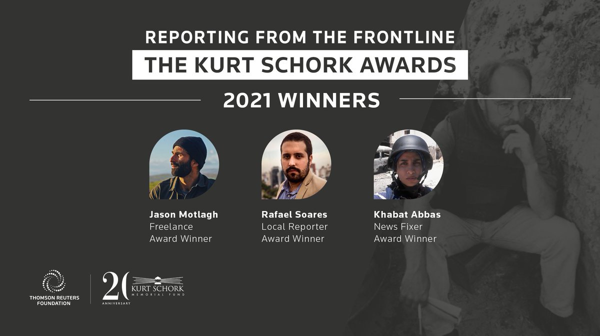 Thomson Reuters Foundation (@trf) on Twitter photo π¦π« The freelancer exposing the horrors of war.
π§π· The journalist uncovering police crimes.
πΈπΎ The female fixer breaking all boundaries.
Congratulations to <a href="/JasonMotlagh/">Jason Motlagh</a>, <a href="/rafapsoares/">Rafael Soares</a> and <a href="/khabat_abas/">Khabat Abbas</a> β the 2021 winners of the #KurtSchork Awards in International Journalism! π¦π« The freelancer exposing the horrors of war.
π§π· The journalist uncovering police crimes.
πΈπΎ The female fixer breaking all boundaries.
Congratulations to <a href="/JasonMotlagh/">Jason Motlagh</a>, <a href="/rafapsoares/">Rafael Soares</a> and <a href="/khabat_abas/">Khabat Abbas</a> β the 2021 winners of the #KurtSchork Awards in International Journalism!