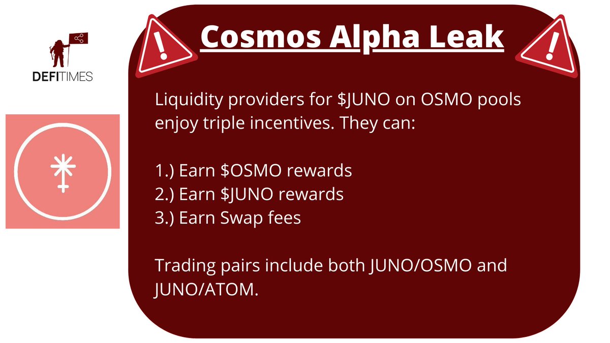 #Cosmos alpha alert 🚨

Liquidity providers for <a href="/JunoNetwork/">Junø</a> token pairs on <a href="/osmosiszone/">Osmosis 🧪</a> will earn three types of rewards:

1.) $OSMO rewards
2.) $JUNO rewards
3.) Trading fees