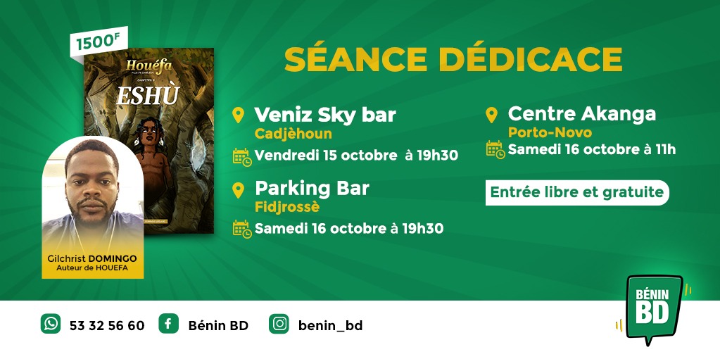 Ced_Quenum's tweet image. Tu veux avoir la collection des 3 chapitres de La BD Houéfa. Prends le rendez-vous avec @Gilka20 et @BdBenin. Tu pourras repartir avec une dédicace...