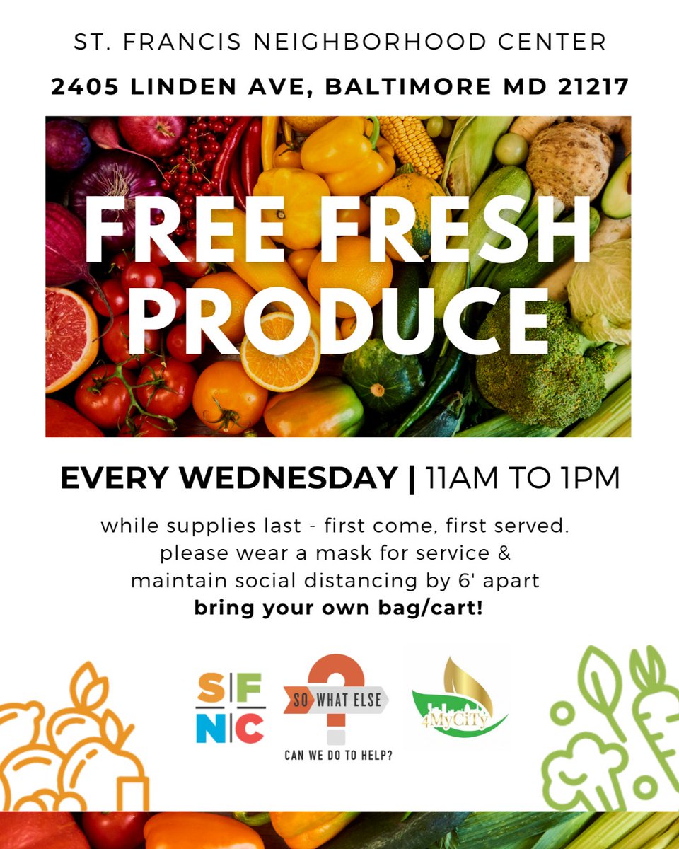 StFrancisBmore's tweet image. TODAY and every Wednesday from 11am to 1pm at St. Francis Neighborhood Center- 2405 Linden Ave. Baltimore MD, 21217

Come get some FREE fresh produce and other grocery items! While supplies last - don't forget to wear your mask &amp;amp; bring a bag