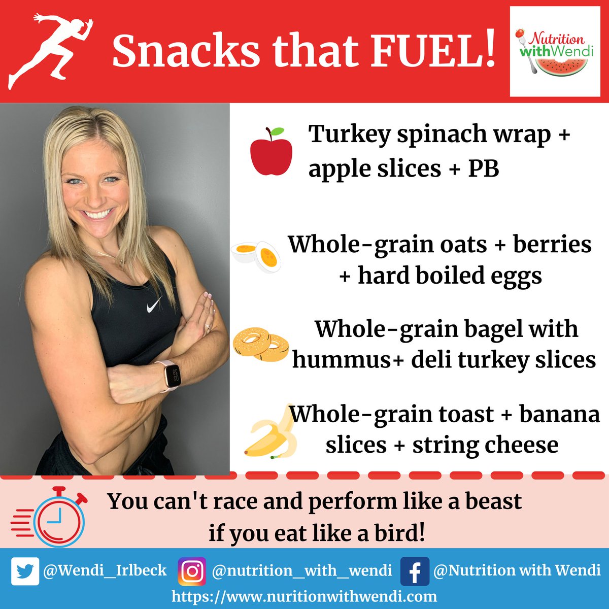 Wendi_Irlbeck's tweet photo. Snacks that fuel⛽️!! You can't race and compete like a beast if you eat like a bird!

🏎️Fuel up with carbs + protein a 2-hours before training and competition with these simple ideas!

⏰Be sure to use "4-2-1" our chew-nibble-sip method for nutrient timing. https://t.co/EAig2pqcno