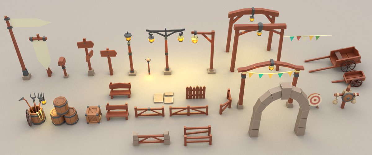 Decorative props for #Becastled 
How many decorations do you use while playing a city building game?🌙🍀
#lowpoly #indiedev #3dmodeling