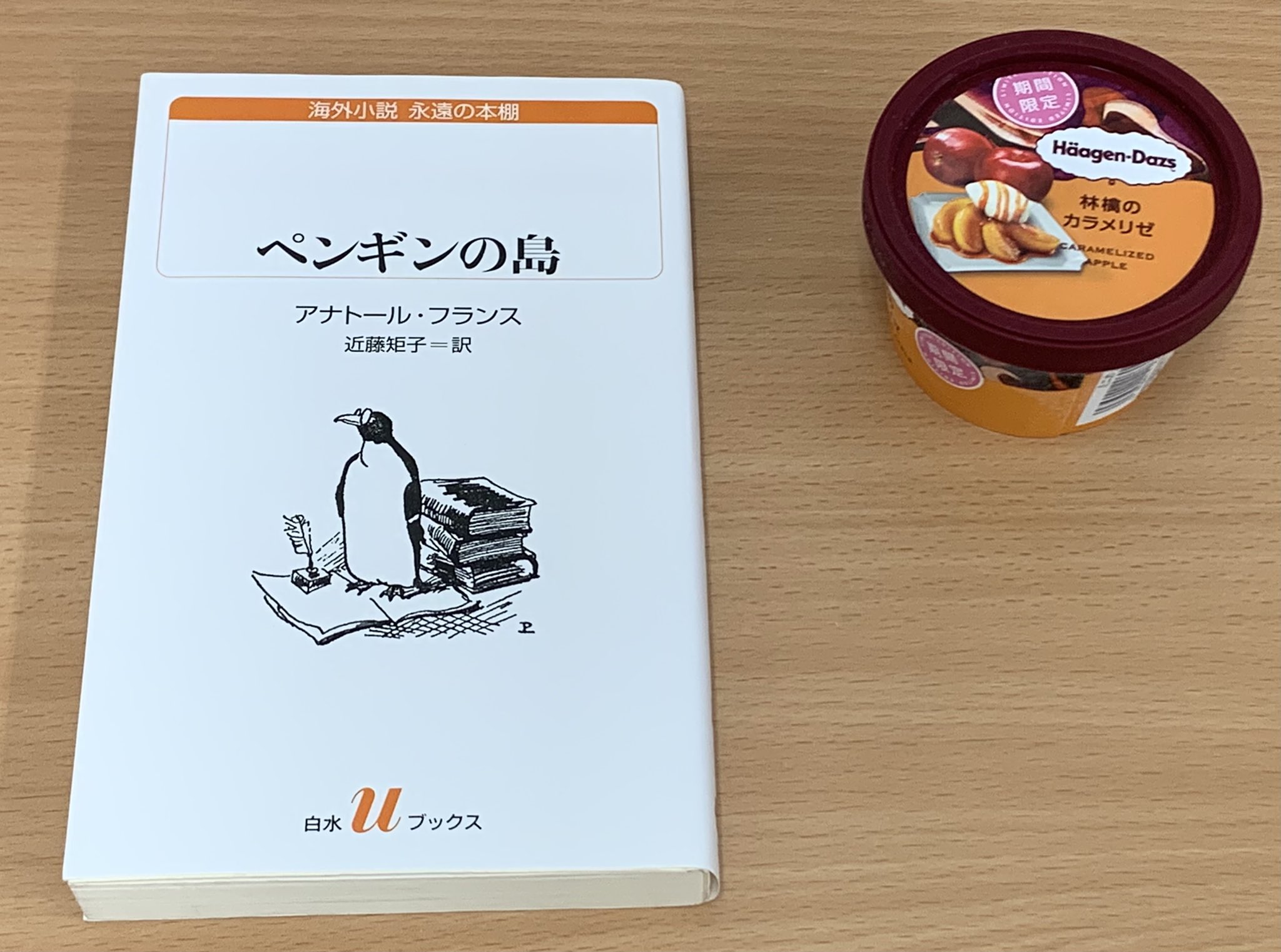 かまぼこ 読書 アイスクリーム食べながら読書 ハーゲンダッツの林檎のカラメリゼ アナトール フランスの ペンギンの島 を読みはじめました 話の序盤 年老いた聖者が 間違えてペンギンたちに洗礼を施してしまい 天上では驚愕し神学上の議論に