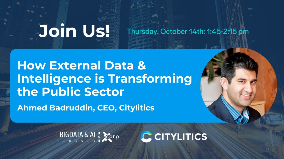 Join us tomorrow at the Big Data &amp; AI Conference where our CEO, Ahmed Badruddin will be presenting. To register: bigdata-toronto.com
#citylitics #bigdataAITO #datadriven #infrastructure               #governmentsaes #governmentcontracting