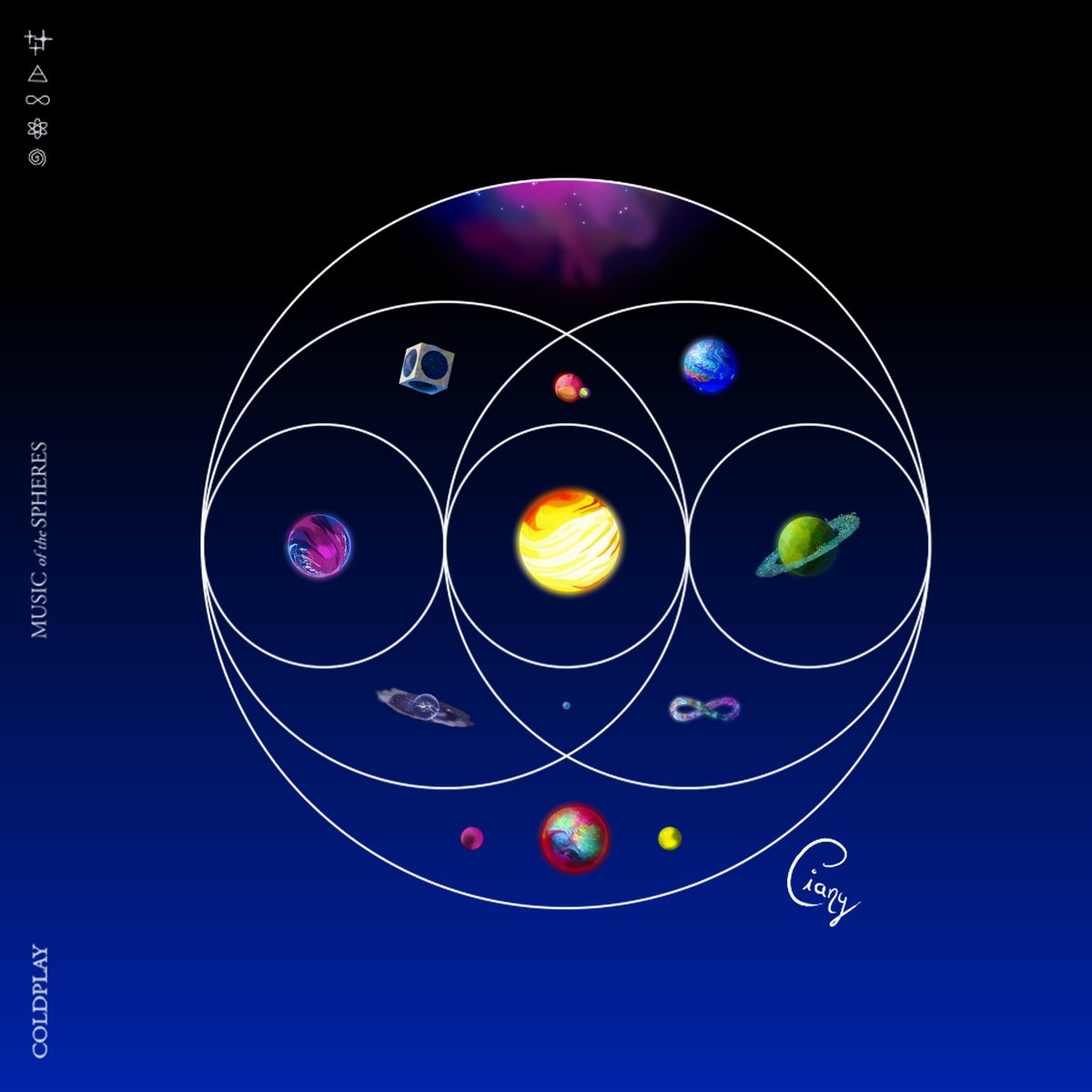 C_ian_y's tweet photo. Day 81 of my #ColdplayFusion #RoadToMOTS #MusicOfTheSpheres
Original MOTS style!
.
This one took me more than a week, because I made all the Spheres individually as you saw already.
.
Here's 2 versions, the original and the star background as always.
#Coldplay #MOTS
@coldplay https://t.co/xYkmdxd53H