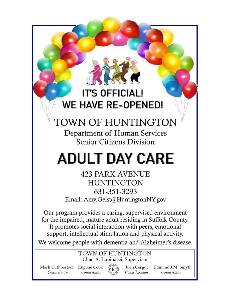 CommackLibrary's tweet image. The @HuntTownHall Adult Day Care program provides a caring, supervised environment for the impaired, mature adult residing in Suffolk County. We welcome people with Dementia &Alzheimer’s Disease. Call 631-351-3293 for more information. #SeniorCitizens #seniorcare