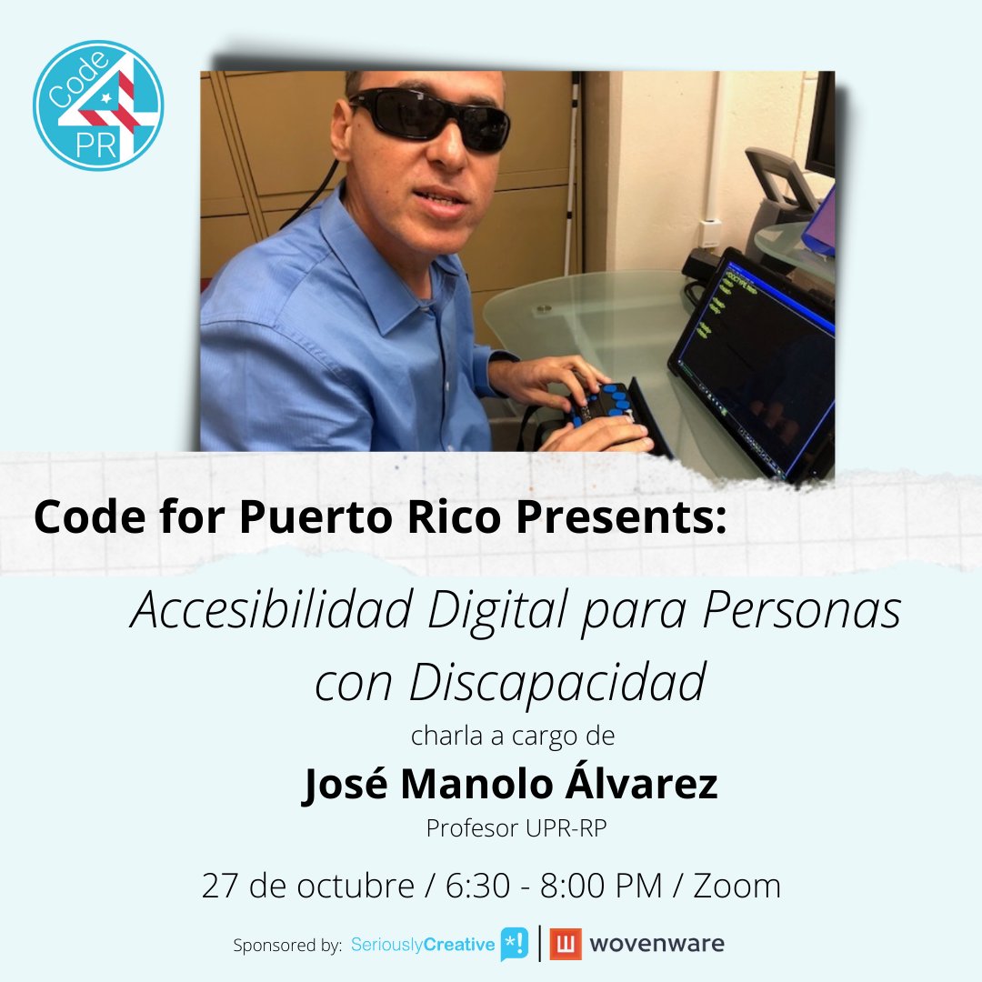 Tenemos un charlista muy especial para nuestro proximo #cfprPresents, <a href="/tiflomanolo/">manolo Alvarez</a>!

De colaborador en nuestros proyectos a charlista!

Cuando: Oct 27, 2021 06:30 PM Puerto Rico
Para registro: buff.ly/3lBT39x

💪🇵🇷❤️

#civictech #PuertoRico #cfpr