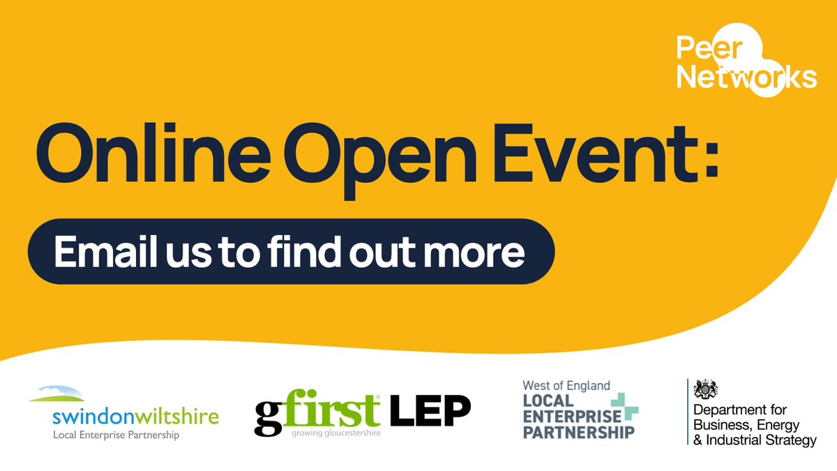 Online Open Event! Coming soon 📆....!

Join @SWLEP, <a href="/WofEnglandLEP/">West of England LEP</a> and <a href="/GFirstLEP/">GFirstLEP</a> to discover how #PeerNetworks can solve your challenges.

Email us at peernetworks@swlep.co.uk to be the first to join.

#PeerNetworks <a href="/PeerNetworksSME/">Peer Networks</a>
 #FREESupport #SMEConnections #Networking