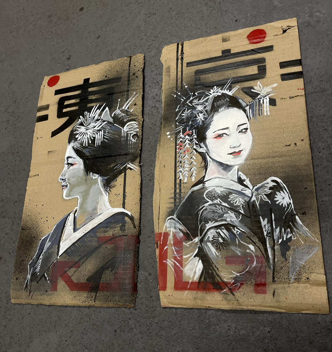 ‘Street Geishas’ diptych / spray paint and acrylic paint on card - original artwork, signed with COA - DM for enquiries