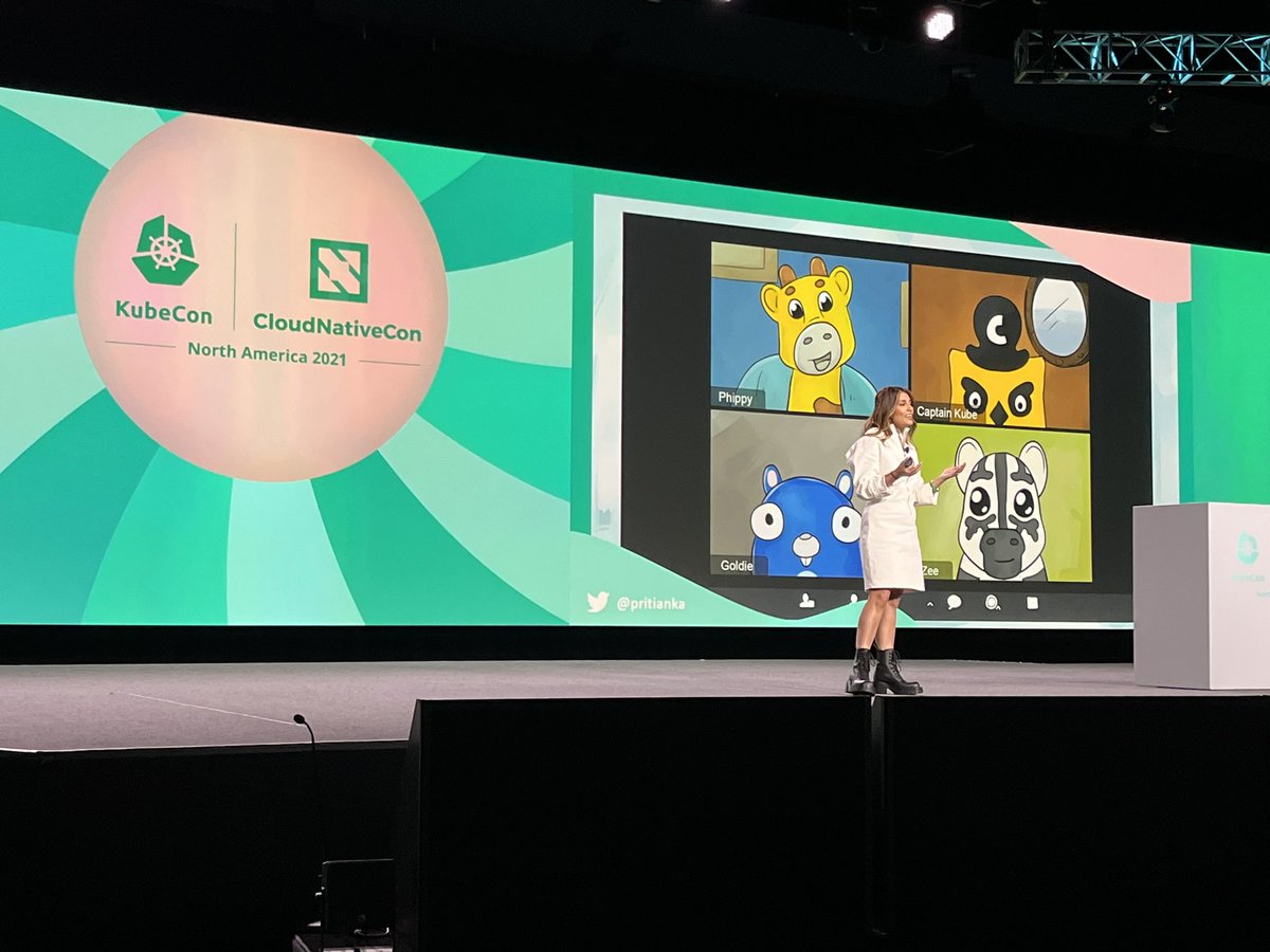 bridgetkromhout's tweet photo. Phippy &amp; friends (old &amp; new) are featured in @pritianka’s opening keynote; @technosophos &amp; @karenhchu get a shoutout! #KubeCon #CloudNativeCon https://t.co/MqYeo9TzlX
